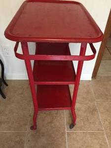 lot 240 image: Vintage Red Metal Three Shelf Rolling Cart