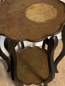 lot 239 image: Vintage Wooden Table With Brass Trays