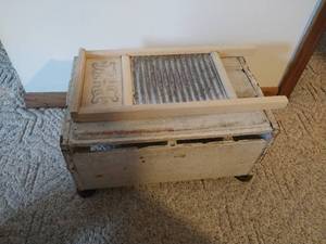 Vintage Wood Crate Stool and Washboard
