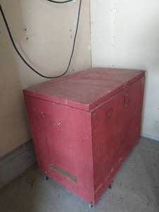 Red Wood Storage Bin on Wheels
