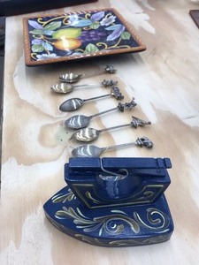lot 63 image: Collectible spoons, Plate and wooden painted iron