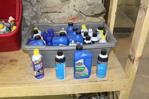 Automotive Chemicals - Blaster White Lithium, Haveller Starting Fluid, Super Tech Conventional SAE20W-50 Motor Oil 1Qt, Misc. Chemicals (in grey bin)