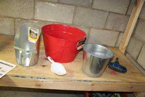 Lot of (4) Buckets and Scoops - Red Metal Pail, Silver Metal Pail, Feed Scoop 4qt, Small White Plastic Scoop