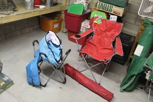 Lot of (3) Outdoor Accessories - Folding Chair Red (x2 new), Season Essentials Summer Cooler 27Qt Blue (x1)