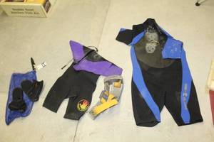 Lot of (4) Scuba Accessories - Scuba Suit Mens 3X-Large, Scuba Suit Mens Small, Scuba Shoes Size 10, Weight Belt