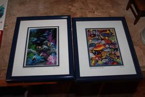 Lot of (2) Underwater Mardi Gras Key West Fishes Double Matted Framed Wall Art 11Wx9H