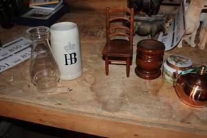Lot of (6) Home Dcor - HB Beer Stein, Glass Lamp Shade, Small Scale Wood Chair, Brass Pot with Lid, Serving Bowl with Lid, wood Candleholder