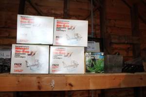 Aquarium Parts and Accessories - Whisper Bio-Bags, 4 Way Tank Filter, Master Dry Tab Test Kit, Plumbing, Heater, Misc. Accessories (in tote)