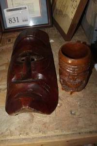 Carved Wood Mask Dcor 18x8, Carved Wood Cup 6H
