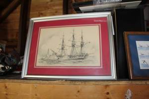 U.S.S. Constitution In Boston Harbor by Jas F. Murray Signed Triple Matte Framed Artwork 17Wx13H