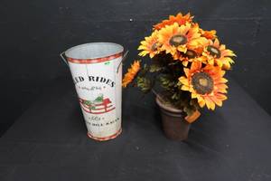 FLOWER IN POT AND TIN CONTAINER