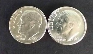 lot 387 image: 2 Nice Roosevelt Silver Dimes