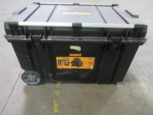 lot 58 image: Dewalt 38 in. Mobile Tough Chest Tool Box, DWST38000. Filled With Saw Blades, Driver Heads, Battery and Charger and More - Missing Lid Latches.