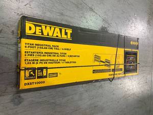 lot 101 image: Yellow 4-Tier Steel Garage Storage Shelving Unit (77 in. W x 72 in. H x 24 in. D) by DEWALT  not used  See Pictures