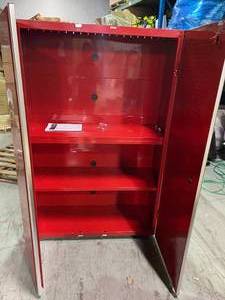 lot 112 image: Ready-to-Assemble 24-Gauge Steel Freestanding Garage Cabinet in Red (48 in. W x 72 in. H x 18 in. D) by Husky has some scratches Customer Returns See Pictures