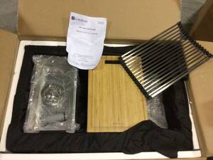 lot 87 image: Glacier Bay All-in-One Apron-Front Farmhouse Stainless Steel 33 in. 5050 Double Bowl Workstation Sink with Accessory Kit see pictures
