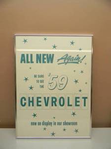lot 5 image: RARE - VINTAGE 1959 CHEVROLET DEALERSHIP POSTER PROFESSIONALLY FRAMED AWESOME PIECE - APPROX 19 BY 25 - SEE PICTURES