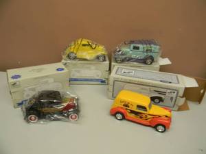 lot 50 image: LIBERTY SPEC CAST 1940 FORD SEDAN DELIVERY, FORD MODEL A DELIVERY VAN, FORD MODEL A CHOPPED COUPE STREET ROD & FORD MODEL A CHOPPED COUPE STREET ROD - BACK TO THE 50s - NEW IN BOX - SEE PICTURES
