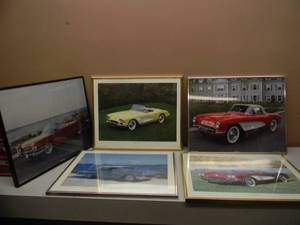 lot 53 image: 5 FRAMED PRINTS 57 CHEVY BEL AIR, 57 CORVETTE, 58 CORVETTE, 60 CORVETTE, 59 CADILLAC - NICE SET - APPROX 21 BY 17 - SEE PICTURES