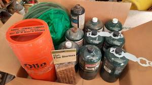 lot 510 image: 9 Cans of Propane, Road Flare Kit, 2 Nets For Your Head