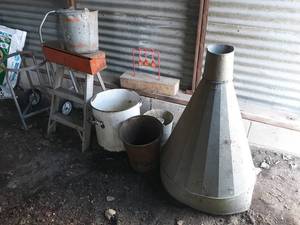 lot 606 image: Large Enamel Pot, Galvanized Cone and More Yard Decoration