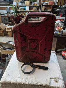 lot 151 image: Vintage Steel Fuel Can - Empty w Oil Filter Wrench