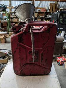 lot 154 image: Vintage Steel Fuel Can - Has Fuel in it w Funnel
