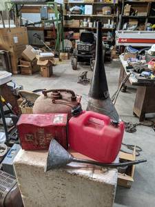 lot 155 image: Lot of Steel Fuel Cans, Plastic Can and Assorted Funnels