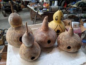 lot 157 image: Milk Crate of Gourd Bird Houses