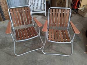 lot 182 image: Set of 2 Nice Aluminum Folding Chairs w Wood Slats