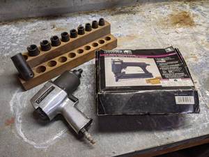 lot 218 image: Deep Well Metric Impact Sockets in Holder  Powerforce 12 Air Impact Gun and Crown Air Stapler