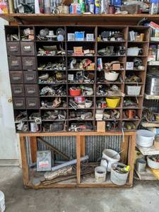 lot 258 image: Metal Parts Bin  Shelf on Stand - Measures about 51 x 40 x 12