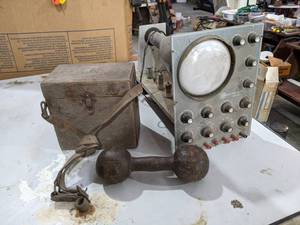 lot 259 image: Vintage Stewart Bros. Detecto-Meter, Old Oscilloscope (Parts)  and Old 10 LB Dumbbell