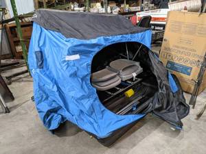 lot 144 image: Clam FishTrap Yukon 2-Man Portable Ice Fishing House - 2 Seats, All folds into the sled