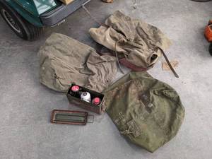 lot 352 image: 3 Army Duffel Bags and Ammo Can w Assorted Hardware