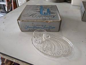 lot 365 image: Vintage Federal Glass Four Piece Snack Set in Crystal Glass - In Original Box