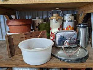 lot 368 image: Vintage Toaster, Coffee Pots and More on Shelf