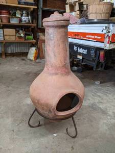 lot 383 image: Terra Cotta Chiminea on Metal Stand