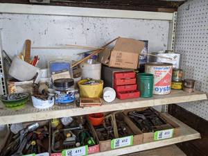 lot 414 image: Shelf Lot of Hardware, Old Tin Cans (Canned Oysters) and More