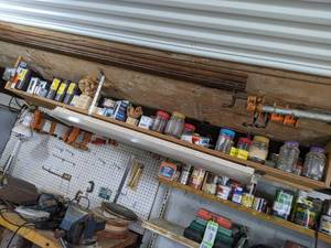 lot 424 image: Large Shelf Lot of Assorted Screws, Nails and More