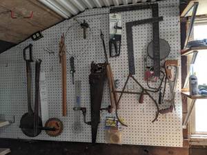 lot 426 image: Large Lot of Saws, Squares, Tools and More on Pegboard