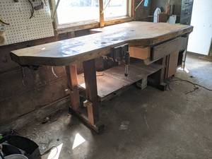 lot 112 image: Heavy Duty Workbench w 3 Vices - (2)Paramo No. 50s & a Columbia Vice - Top is 3 Thick