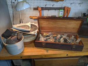 lot 446 image: Vintage Wood Toolbox w Assorted Hardware, Sandpaper and More