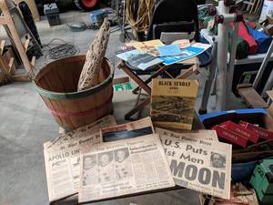 lot 495 image: Moon Landing Newspapers, Black Sunday - Freeborn County Paper, Driftwood, Stool and More