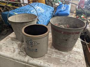 lot 498 image: Monmouth 2-Gallon Crock w 2 Galvanized Pails and Jars