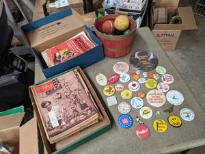 lot 534 image: Lot of Collectable Buttons, Wood Alphabet Blocks, Ephemera and More
