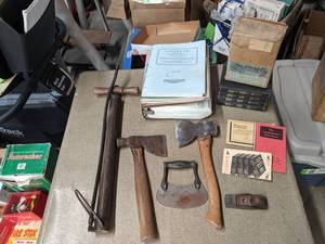 lot 545 image: Hatchets, Antique Tire Pump, Antique Carpentry Books and More
