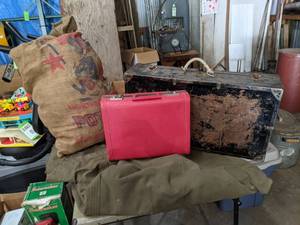 lot 553 image: 2 Vintage Suitcases, Burlap Sacks and a Large Green (Military) Canvas Tarp