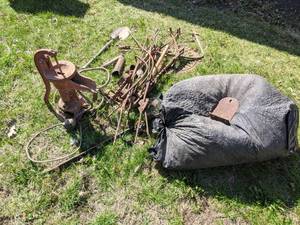 lot 576 image: Red Jacket Well Pump, Assorted Iron Pieces and Bag of Netting