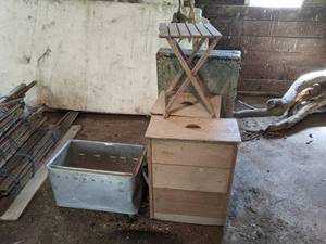 lot 595 image: Lot of 2 Antique Drawers, Wood Folding Side Table, KampKold Cooler (No Lid) and Old Chest Top